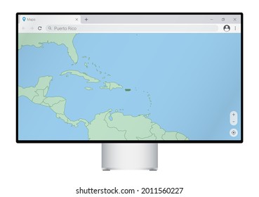 Computer monitor with map of Puerto Rico in browser, search for the country of Puerto Rico on the web mapping program. Vector template.
