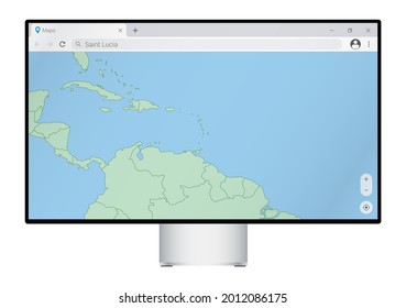 Computer monitor with map of Saint Lucia in browser, search for the country of Saint Lucia on the web mapping program. Vector template.