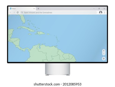 Computer monitor with map of Saint Vincent and the Grenadines in browser, search for the country of Saint Vincent and the Grenadines on the web mapping program. Vector template.