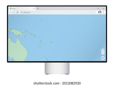 Monitoreo informático con mapa de Samoa en navegador, búsqueda del país de Samoa en el programa de mapeo web. Plantilla de vectores.