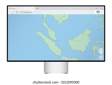 Computer monitor with map of Singapore in browser, search for the country of Singapore on the web mapping program. Vector template.