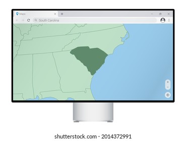 Computer monitor with map of South Carolina in browser, search for the country of South Carolina on the web mapping program. Vector template.