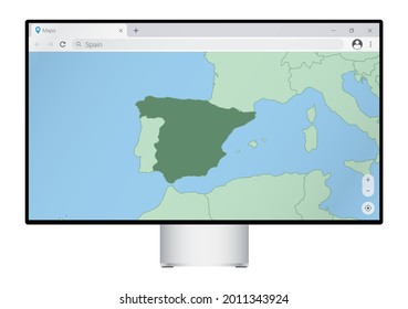 Computer monitor with map of Spain in browser, search for the country of Spain on the web mapping program. Vector template.