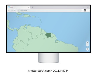 Computer monitor with map of Suriname in browser, search for the country of Suriname on the web mapping program. Vector template.