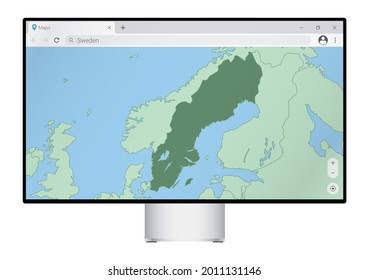 Computer monitor with map of Sweden in browser, search for the country of Sweden on the web mapping program. Vector template.
