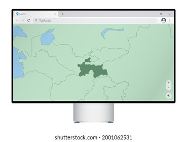 Computer monitor with map of Tajikistan in browser, search for the country of Tajikistan on the web mapping program. Vector template.