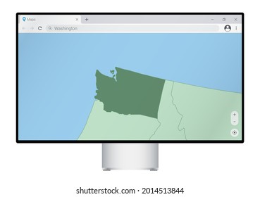 Computer monitor with map of Washington in browser, search for the country of Washington on the web mapping program. Vector template.