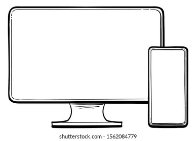 Computer Monitor, Mobile Phone Hand Drawn Vector Icon 