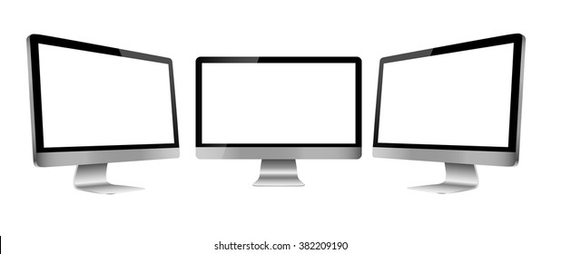 Computer Monitor Mockup With Blank Screen. Three Monitors Isolated On White Background. Apply And Showcase Design Applications Or Web Pages, Presentations And More. Vector Illustration