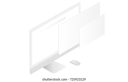 Computer monitor mockup with blank screen and blank web wireframing pages. Web design concept. Template to showcase responsive app or web projects. Vector illustration