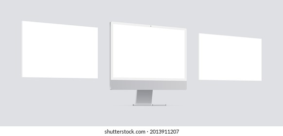 Computer Monitor Mockup With Blank Web Screens, Side Perspective View. Vector Illustration
