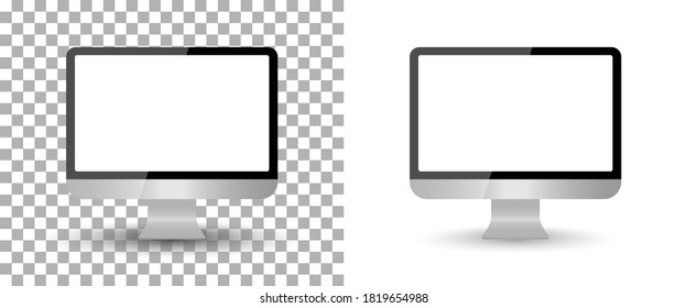 Computer monitor mockup with screen blank. PC isolated desktop. Laptop with frame. Modern icon on transparent background. device with display. Mock with lcd wide screen. Pro technology. Vector.