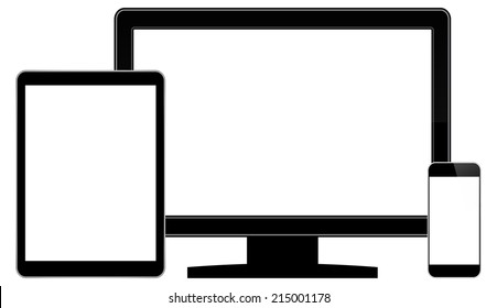 Computer Monitor And Modern Communication Gadgets Similar To iPad Air And iPhone