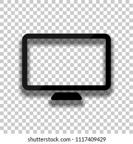 Computer monitor or modern TV. Simple icon. Black glass icon with soft shadow on transparent background