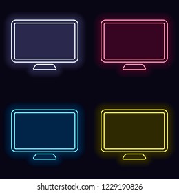 Computer monitor or modern TV. Simple icon. Set of neon sign. Casino style on dark background. Seamless pattern