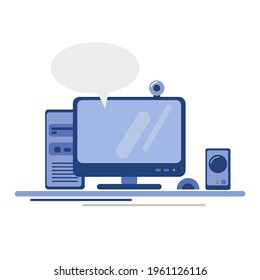 A computer with a monitor, mouse and audio speaker is on the table. Simple illustration isolated on white background.