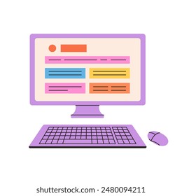 Computer monitor with mouse and keyboard. Programming, social network profile. Vector illustration in flat style