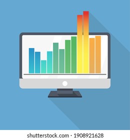 monitor de computadora y gráficos multicolores en un fondo azul con una sombra larga. ilustración de diseño plano. concepto de educación en línea