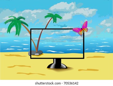 Computer monitor on the beach is shown in the image.