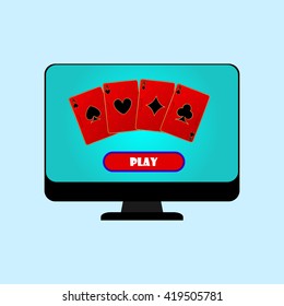 Computer monitor on a blue background with red playing cards on the screen. Vector illustration.Screensaver computer game