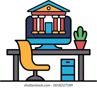 A computer monitor is on a desk with a chair and a potted plant. The computer monitor is displaying a building with a bank on it