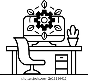 A computer monitor is on a desk with a plant next to it