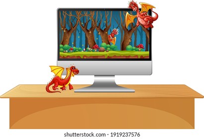 Computer monitor on the table with dragon cartoon character on screen illustration