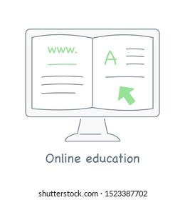 Computer and monitor with online service for education or online course on the screen. Educational resource, tutorial access, distance learning, reading concept. Outline vector icon, thin line stroke