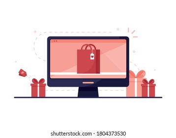 Computer monitor with an online shop site. Ordering gifts for the holiday via the Internet. Purchases through the Internet using PC, desktop. Shopping bag and presents. Red and pink. Eps 10 