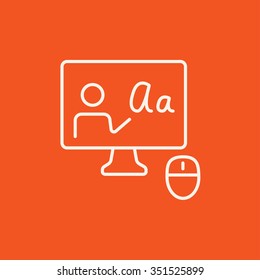 Computer monitor with online tutorial line icon for web, mobile and infographics. Vector white icon isolated on red background.