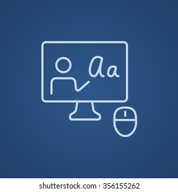 Computermonitor mit Online-Tutorial-Symbol für Web-, Mobil- und Infografiken. Vektorhellblaue Symbol einzeln auf blauem Hintergrund.