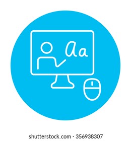 Computer monitor with online tutorial line icon for web, mobile and infographics. Vector white icon on the light blue circle isolated on white background.