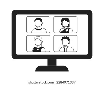 Computer monitor with online video meeting monochrome flat vector object. Editable black and white icon. Full sized element. Simple thin line art spot illustration for web graphic design and animation