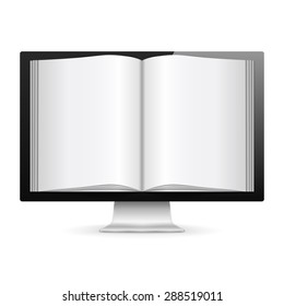 Computer monitor with open book with blank pages, e-book concept, vector eps10 illustration