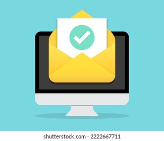 Computer Monitor With Open Email Message With Tick In A Flat Design