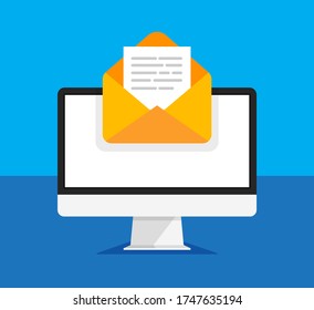 Computer monitor with open envelope and document on a screen. Getting or send new letter. E-mail, email marketing, internet advertising concepts in trendy style. Vector illustration.