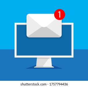 Computer monitor with open envelope and document on a screen. Getting or send new letter. E-mail, email marketing, internet advertising concepts in trendy style. Vector illustration.