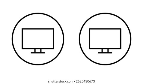 Computer monitor outline icon on circle line. Pc screen, desktop display sign symbol