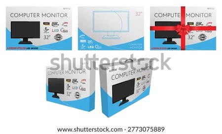 Computer Monitor Packaging Box Mockup Set with Product Label Template. Realistic computer monitor packaging box mockup set featuring flat box layouts, gift package version, and perspective carton views. Suitable for electronics branding, retail shelves, ecommerce listings, shipping cartons, advertising visuals, and product presentations. Ideal for monitor packaging templates, screen product marketing, and store display graphics.
