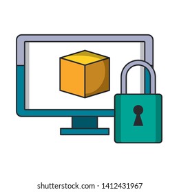 Computer monitor and padlock security system vector illustration graphic design