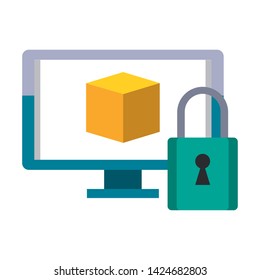 Computer monitor and padlock security system vector illustration graphic design