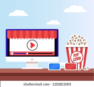 Computer monitor pc with 3d glasses and popcorn. Home tv online stream broadcast. Vector flat graphic design banner poster illustration concept