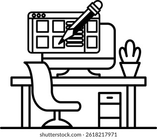 A computer monitor with a pencil on it and a chair in front of it