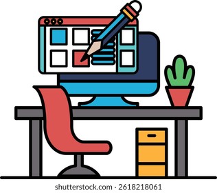 A computer monitor with a pencil on it and a red chair in front of it. Concept of creativity and productivity
