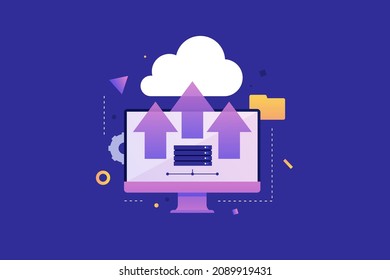 Computer monitor and personal data cloud storage, vector illustration. Cloud technology system. Saving information on remote servers.