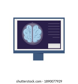 Computer monitor with picture of human brain flat icon vector illustration