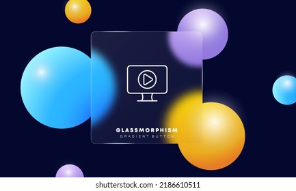 Computer Monitor With Play Button Line Icon. Watch Video, Film, Movie, Series, Entertainment, Cinema, Hobby, Presentation. Technology Concept. Glassmorphism Style. Vector Line Icon For Advertising.