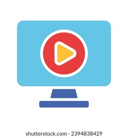 Computer monitor with play button. Video hosting, streaming service, film, cinema, watch, media, hobby, pastime, window, player, control, pause. Colorful icon on white background