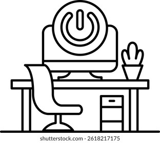 A computer monitor with a power button on it sits on a desk with a chair