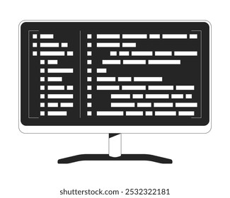 Monitor de computador com código de sintaxe de programação de objeto de linha 2D preto e branco. Exibição de codificação. Item isolado do outline do vetor de clip-art do programa de engenharia de software. Ilustração de ponto monocromático